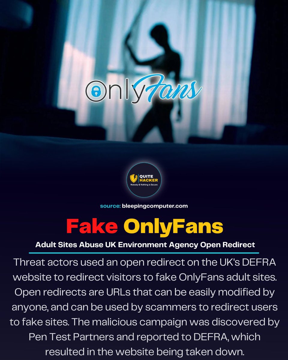 QuiteHacker's tweet photo. Threat actors used an open redirect on the UK's DEFRA website to redirect visitors to fake OnlyFans adult dating sites.
#openredirect #onlyfans #threatactors #unitedkingdom #pentest #pentestpartners #cybersecurity #CyberSecurityAwareness https://t.co/SKcLOciOvo