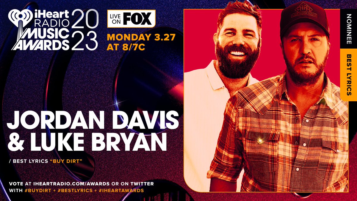 🎶 <a href="/JordanCWDavis/">Jordan Davis Music</a> <a href="/lukebryan/">Luke Bryan</a> 🎶 

Vote on Twitter using these hashtags: #BuyDirt #BestLyrics #iHeartAwards

And vote on: iHeartRadio.com/Awards