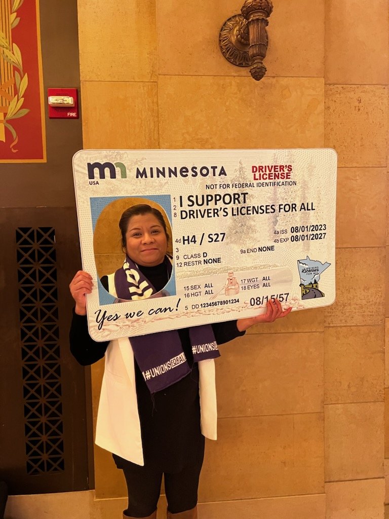 SEIU26's tweet photo. SEIU Local 26 member Lizbeth spoke tonight in support of #DriversLicenseForAll because our union believes all families should be able to get safely around to see our families, get to work & be part of our community. We're excited to see this commonsense bill moving at the #mnleg! https://t.co/FnBVhPljQM