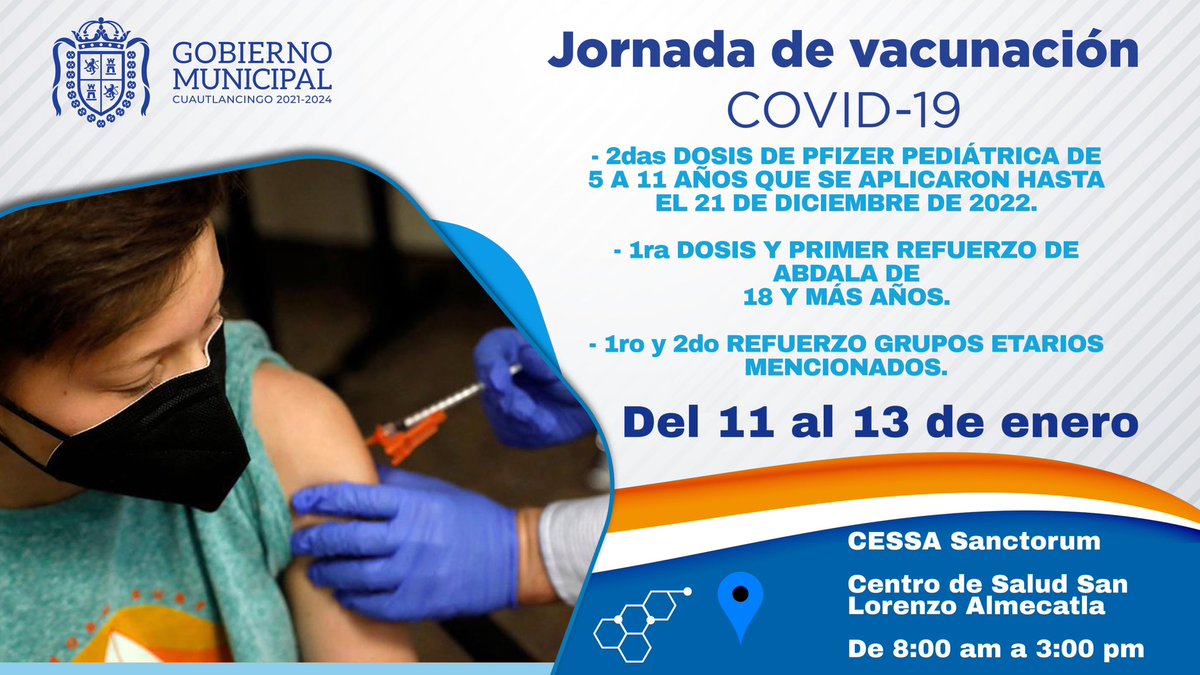 💉Acude a la  #JornadaDeVacunación contra COVID-19 🦠 

🗓️ Del 11 al 13 de enero 

Más información aquí 👉🏻 bit.ly/VacunaPue
