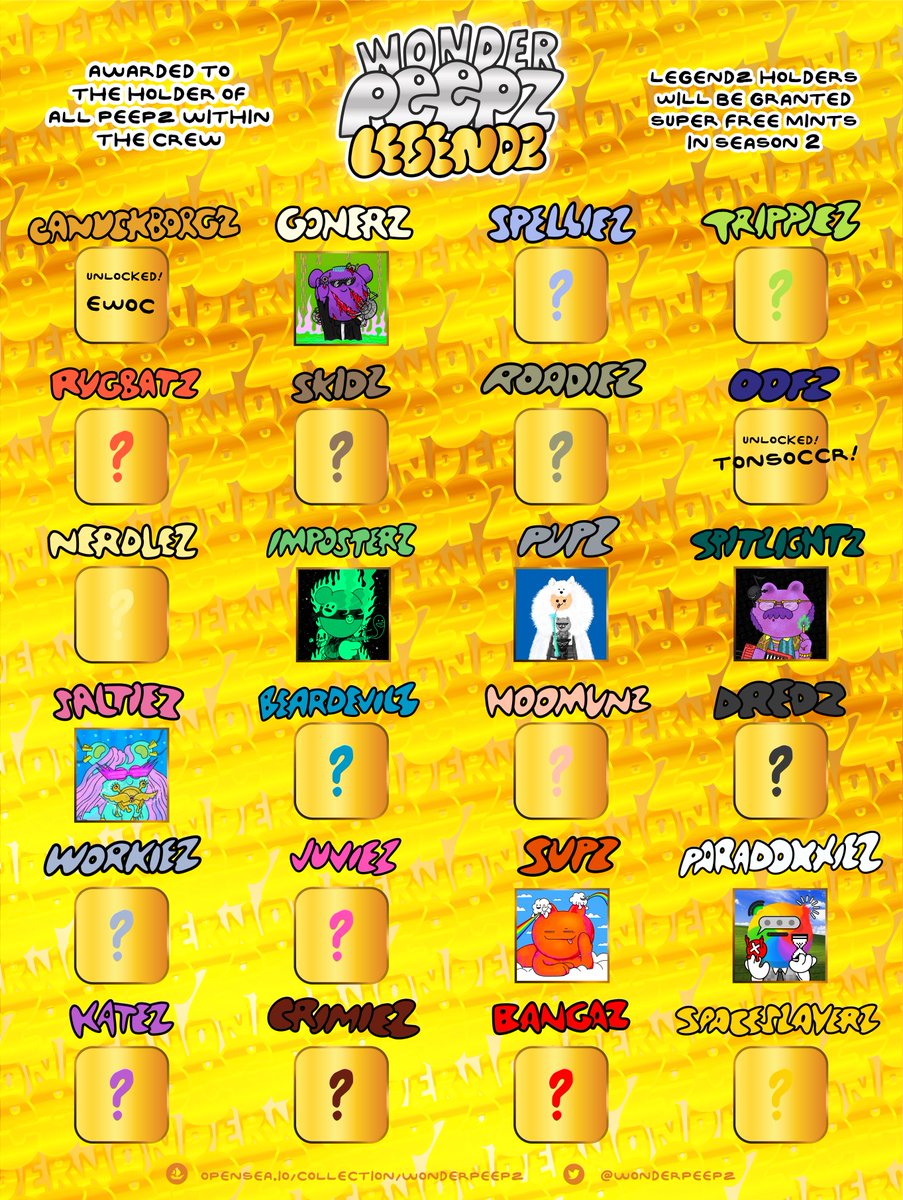 wonderpeepz's tweet photo. LEGENDZ update. Holders of LEGENDZ will be granted super free mints in Season 2. Currently all non unlocked LEGENDZ are spread across multiple holders, so to obtain one, you'll need to do some offers/trades. https://t.co/JgtsU4F8Yv