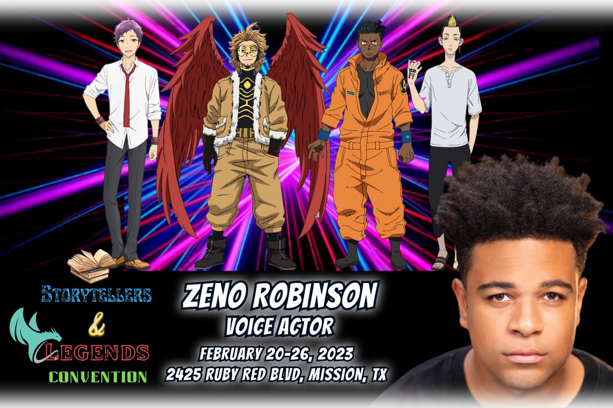 SLC_Wordsmith's tweet photo. 📣💥 CELEBRITY GUEST ANNOUNCEMENT 💥📣

MEET voice actor Zeno Robinson at Storytellers &amp; Legends Convention happening in Mission, TX February 20-26, 2023! 🔥👊 You can hear Zeno in #Horimiya, #MyHeroAcademia, #TokyoRevengers, &amp; more!

🎟️ Tickets: https://t.co/tNtAINF2ot https://t.co/Ns8teaJ1QT