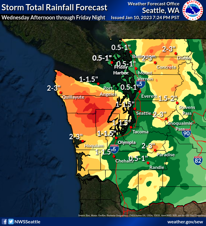 NWSSeattle's tweet photo. Here is a timeline and total precipitation forecast for the upcoming storm and atmospheric river event that will impact the region starting Wednesday evening through early Friday. 🌧️
#WAwx https://t.co/Y19ODqjV1G