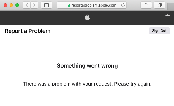 mattcoller's tweet photo. How does one report a problem with @Apple's "Report A Problem" website? https://t.co/U8ssD0oKoZ