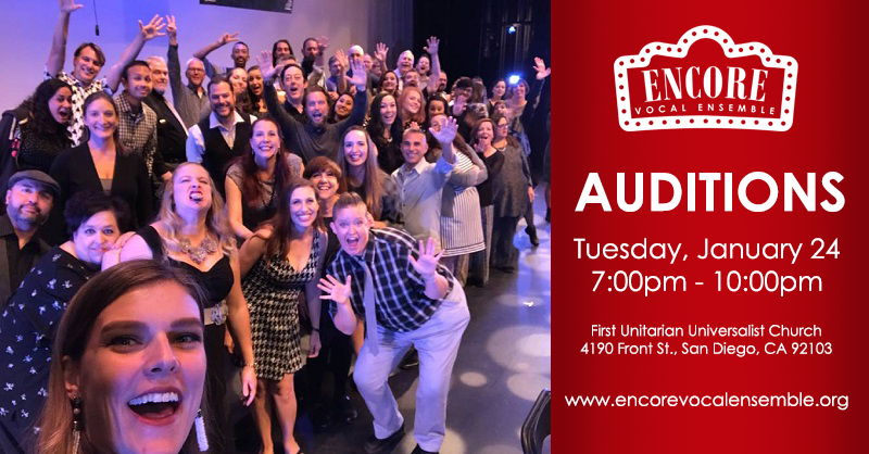 Hey #SanDiego! We're having auditions! #EncoreVocalEnsemble, San Diego's go-to musical group for music from the stage and screen, is having auditions for all parts (SATB) on January 24, 7-10pm. 

Sign up for an audition spot via this survey: docs.google.com/forms/d/e/1FAI…