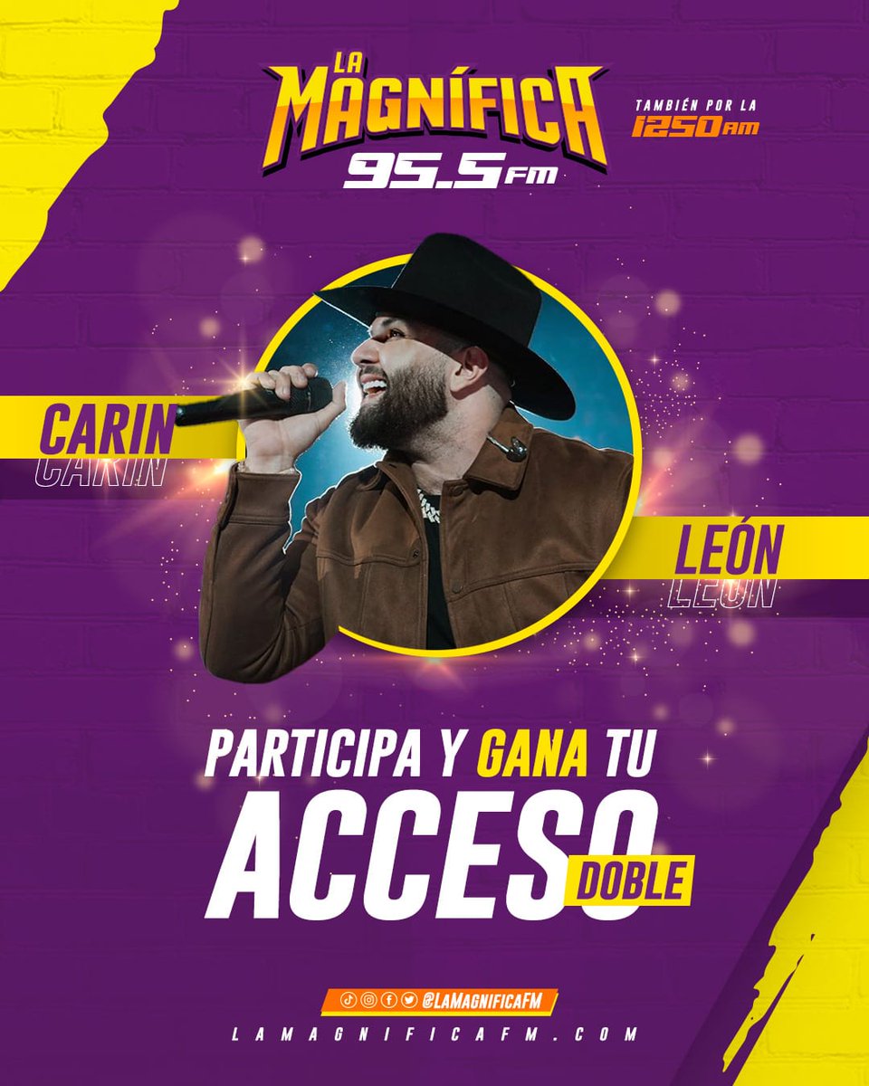 LaMagnificaFM's tweet photo. 🤠🎶 ¡Vámonos a cantar con @carinleonofi!🤠🎶 
 
DINÁMICA: 
🟪RT 
🟪Entra a este link https://t.co/gKhs5oiDX3 y descubre que canción del cantante definirá tu 2023 y regístrate
🟪 Como comentario coloca una captura de pantalla de tu resultado 
 
⚠ Jueves 11AM daremos al ganador https://t.co/akeYlVheSa