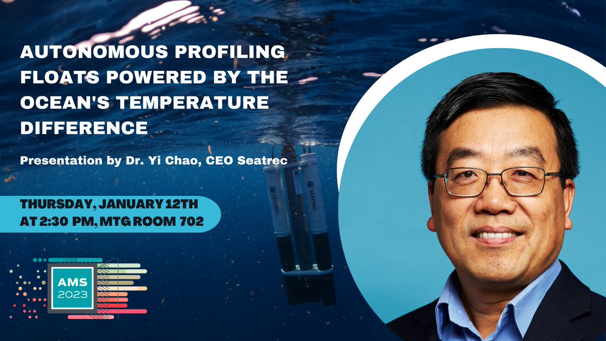 SeatrecInc's tweet photo. Catch our CEO @ychao001 speak at #AMS2023 on January 12th at 2:30 PM.
Yi will share how we deployed autonomous #ProfilingFloats powered by the ocean's temperature differences in the #GulfofMexico during the #2022HurricaneSeason.
https://t.co/atX3GRhAqa https://t.co/qpfbfw1MSx