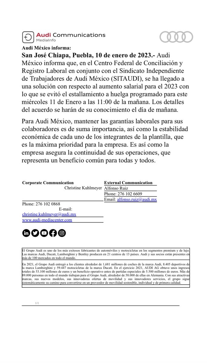 Felicito a <a href="/AudideMexico/">Audi de México</a> y su Sindicato de Trabajadores (SITAUDI) por haber conciliado un acuerdo conjunto que otorga condiciones a las partes en beneficio de los técnicos sindicalizados y la empresa. Gran noticia para #Puebla, celebro este acontecimiento.