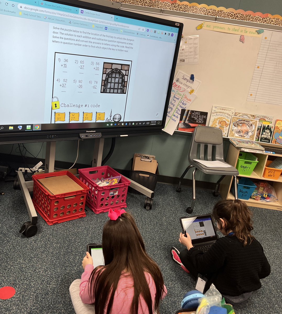 mrsmichelclass's tweet image. Digital Escape Room to review 2 digit addition and subtraction for the win! 🙌🏼My students were so engaged and loved it! 💻🏰#everyoneescaped #sampsonstrong