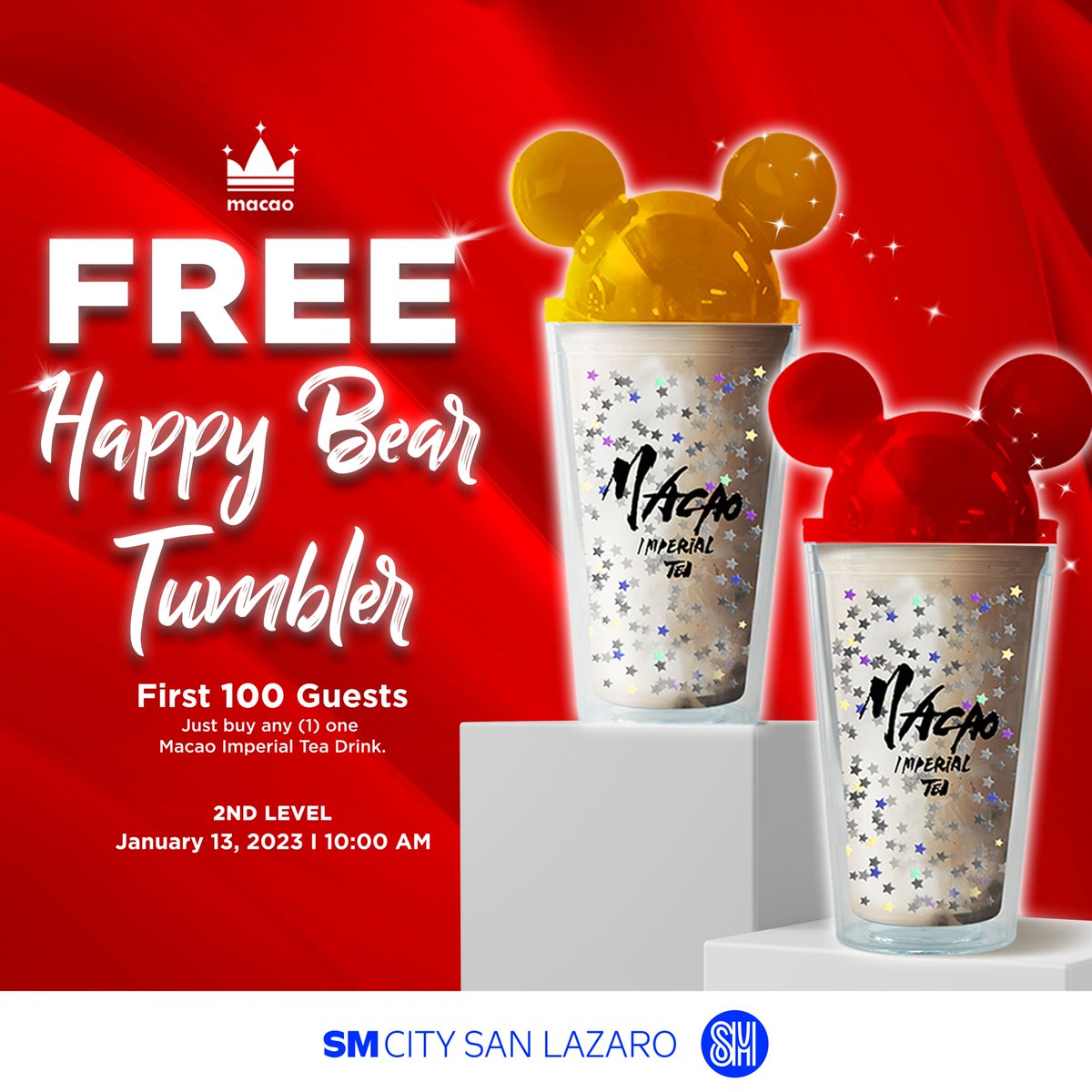 smcitysanlazaro's tweet photo. Join and celebrate with Macao Imperial Tea SM City San Lazaro Grand Opening this January 13, 2023 and get a FREE Happy Bear Tumbler to first 100 customers! ❤️ 🧋
Line starts at 10am! ✨ Located at 2nd Level
#MacaoImperialTeaPHSMCitySanLazaro #MITForYouandMe https://t.co/eG69R164op
