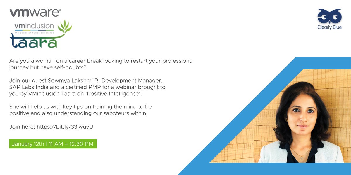 clearly_blue's tweet image. VMware's VMinclusion Taara, in association with Clearly Blue, brings you a webinar on #positiveintelligence by Sowmya Lakshmi R, a certified PMP. Get to learn some #mindfulness practices on Thursday, January 12, at 11 AM. Hurry up and #registernow! bit.ly/33lwuvU