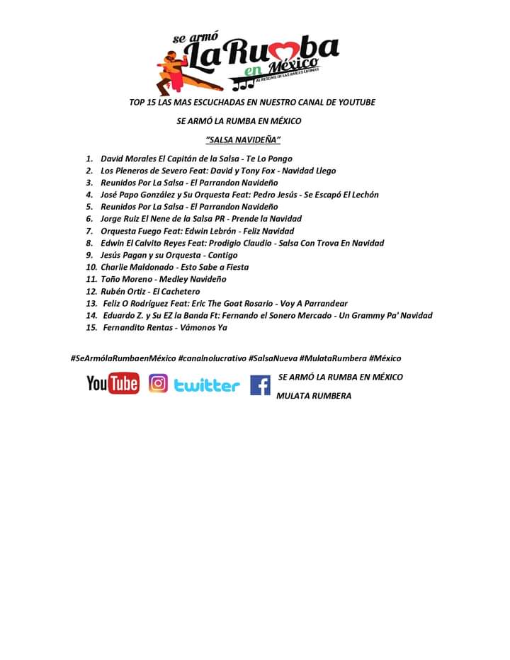 TOP 15 LAS MAS ESCUCHADAS                        SE ARMÓ LA RUMBA EN MÉXICO   “SALSA NAVIDEÑA”
PRIMER LUGAR ✈️✈️✈️
1.David Morales El Capitán de la Salsa - Te Lo Pongo
<a href="/admpilot/">David Morales</a>
#DavidMoralesMusic