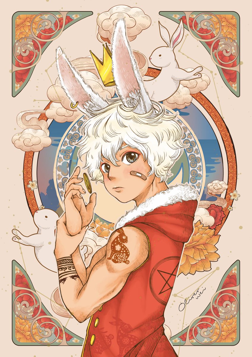 / 兔，卯 /

「 月光自然普照，吾聽許爾等，終生廝守 」
- 兔兒神

兔兒神/兔兒爺｜是一位中國民間信仰中的神祇，掌管消災治病以及同性戀的愛情

星幣皇后｜穩定、豐富、物質充裕的生活

｜桌布請分享貼文，在私密訊息索取

#卯 #2023 #兔年 #插畫 #兔兒神 
#兔子 #肌肉 #rabbit #illustration