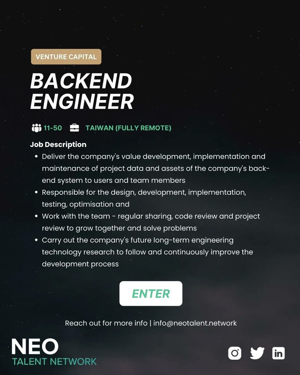 neoweb3co's tweet photo. Looking for a #backend #engineer for a #venturecapital company in Taiwan 🇹🇼 

Submit your CV on our website to apply 📬 

info@neotalent.network
More Web 3.0 Work Opportunities can be found on our Neo Job Board &amp; socials!
Let's connect on LinkedIn, Instagram &amp; Twitter 😉 https://t.co/cQ4fk2NGNM