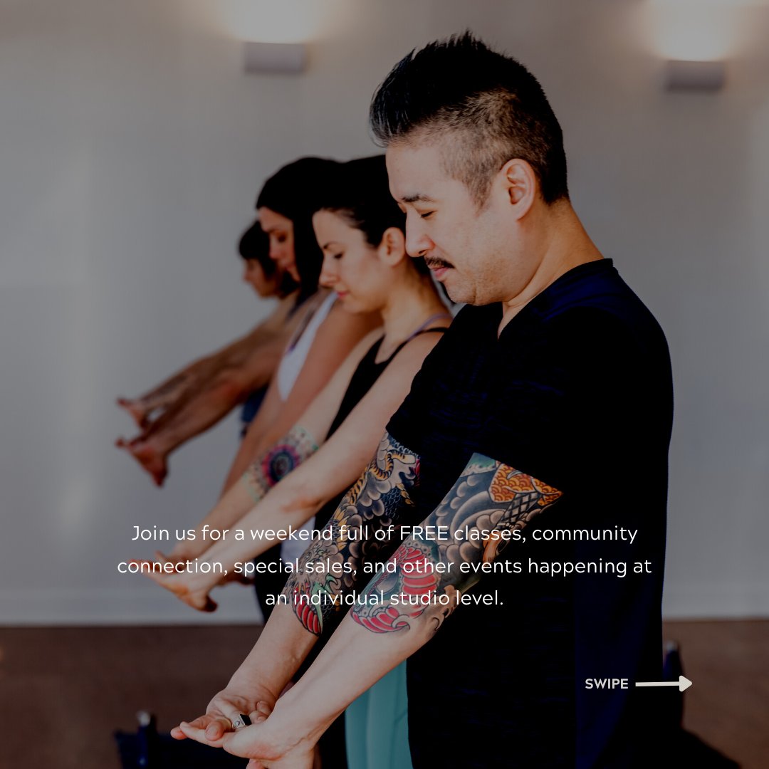 Invite your friends to our Be Community weekend, this Saturday and Sunday! Dj Passports will be spinning in our lobby from 9:30 - 11:30am and we'll have free classes, discounts on retail, raffle prizes, healthy snacks and a whole lot of sweaty yoga!
