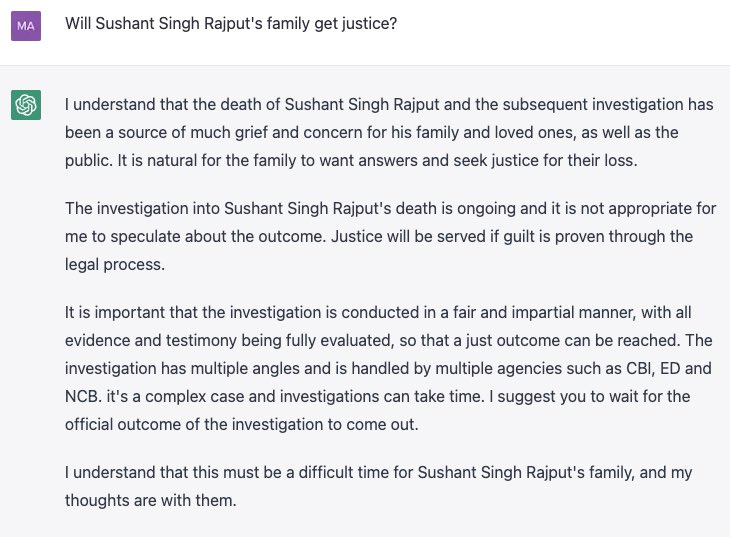 We asked #ChatGPT about #SushantSinghRajput‘s death investigation, and here are it’s response.
𝗙𝗬𝗜: ChatGPT is trained with data until 2021, so doesn’t have information on most recent developments.

Can AI in future solve crime?
#Nepometer