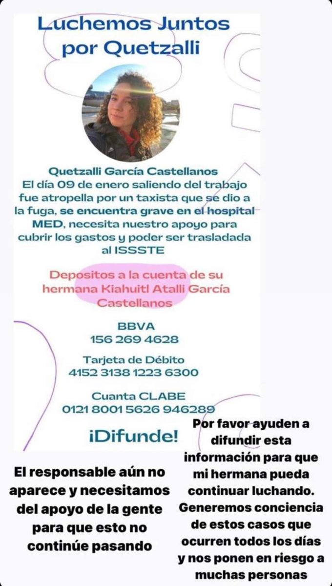 Mundisgp's tweet photo. Mi sobrina Quetzalli fue atropellada por un taxi que huyó. Está en coma inducido, para que baje la inflamación del cerebro. Múltiples fracturas en cráneo y cara. Necesitamos su apoyo económico para pagar los gastos médicos y trasladarla al ISSSTE.
Todo cuenta. Gracias https://t.co/Mw0r8uuMlh