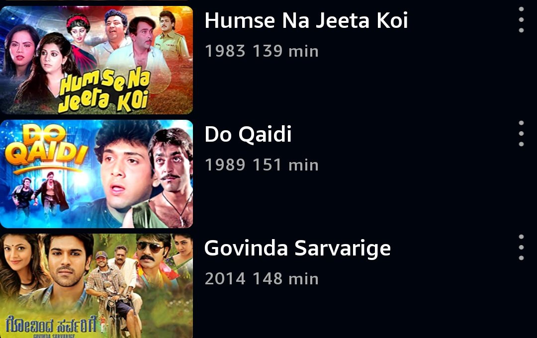 New arrivals on @PrimeVideoIN..

#HeyyBabyy (2007)
#HumseNaJeetaKoi (1983)
#DoQaidi (1989)
#GovindaSarvarige (2014, Kannada dub of Telugu film #GovinduduAndarivadele)