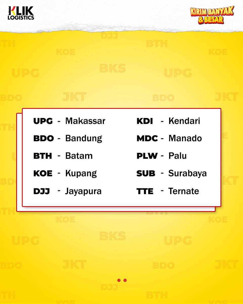 Setiap kota di Indonesia punya kode nya masing-masing yang telah distandarisasi oleh IATA. Ini dia kode untuk beberapa kota di Indonesia.

Info kirim via udara, cek kliklogistics.co.id/tarif-cargo-vi…

#jasakontraktor #jasakirimcargo #pengirimanbarang #jasakirim #jasaekspedisi #cargodarat
