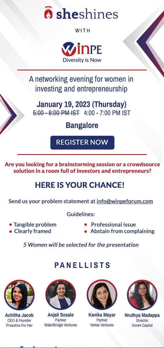 The power of crowdsourcing ideas - a suggestion that I received a couple of months back and which we are putting into action at the #sheshines event in Bangalore on Jan 19th. <a href="/winpeforum/">Winpe</a> <a href="/AchithaJacob/">Achitha Jacob</a> <a href="/anjalisosale/">Anjali Sosale</a> <a href="/KanikaMayar/">Kanika Mayar</a> <a href="/nruthya7/">Nruthya Madappa</a>