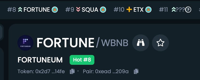 🔥 $FORTUNE is now back to being a hot pair on Dextools trending, and is also on top of the CMC CG gainers list. 

🤩 Have you filled your $FORTUNE for the bull run?