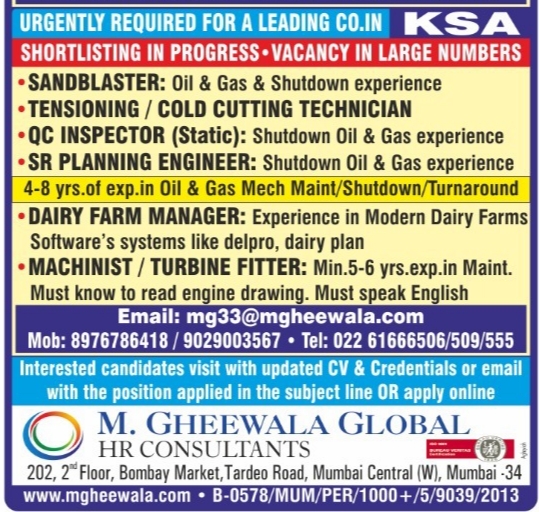 mgheewala_hrc's tweet photo. Job Vacancies for #Saudiarabia

Interested Candidates can send the updated resume to mg33@mgheewala.com

Learn More https://t.co/Ps4bxv2mB1
#sandblaster #coldcuttingtechnician #qcinspectorstatic #planningengineer #shutdown #oilandgas #mechanical #dairyfarmmanager #machinist https://t.co/MpwLkS3xi4