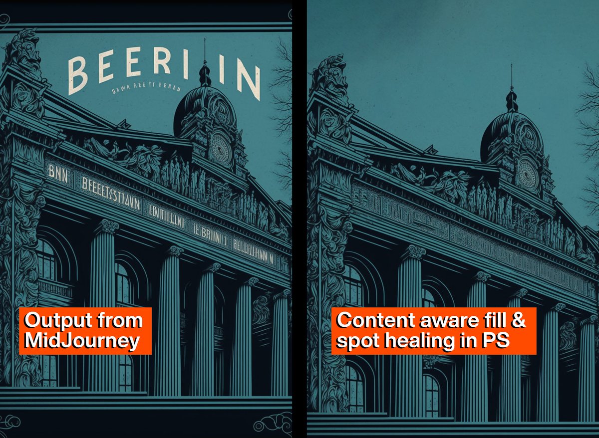 theChrisDo's tweet photo. Here's an example of raw #MidJuorney output and some quick and dirty Photoshop work to clean up, reframe and add sky to an image.

After which, type, trees, and photo assets are added to complete this #Berlin poster. https://t.co/j4CUhDBlIF