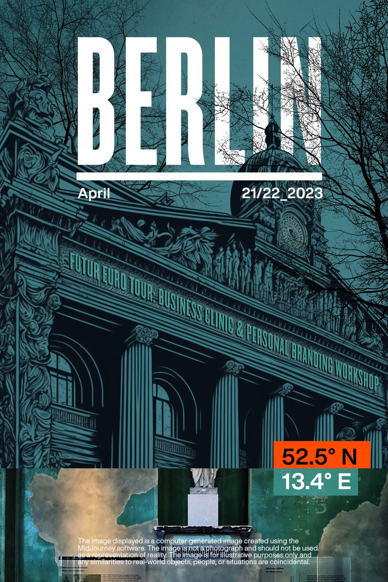 theChrisDo's tweet photo. Here's an example of raw #MidJuorney output and some quick and dirty Photoshop work to clean up, reframe and add sky to an image.

After which, type, trees, and photo assets are added to complete this #Berlin poster. https://t.co/j4CUhDBlIF