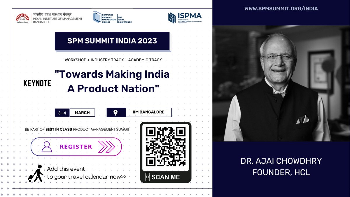 IspmaIndia's tweet photo. Super excited! Welcome our first keynote speaker Dr. @AjaiChowdhry, founder @HCLEnterprise 

Registrations open now with EARLY BIRD discounts 🎉 😀. Check it out: https://t.co/NljLK7HL96

#productmanagement #productmanagers #productleaders #digitalindia #spmsummit https://t.co/R6aDyoEGxK