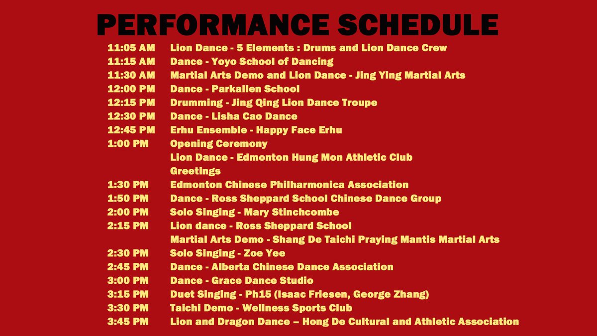 Here's the performance schedule for the LNY celebration on Saturday, January 14 at @kingswaymall. The stage is located on the main floor between H&M and Homesense. Check it out! 
#lnyYEG #LunarNewYearYEG #yeg #ChinatownYEG #yearoftherabbit2023 #inpersonevent