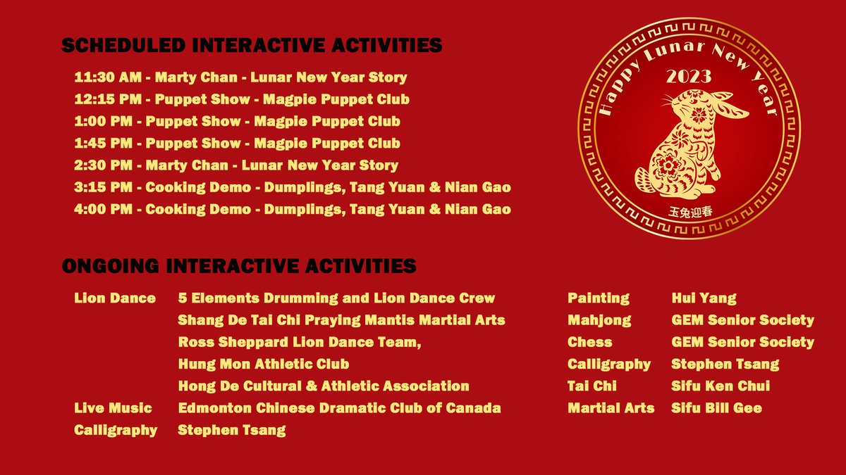 Check out our lineup of interactive activities on Jan 14 at @kingswaymall! Interactive activities will take place on the 2nd floor by Dollarama.
#lnyYEG #LunarNewYearYEG #yeg #ChinatownYEG #yearoftherabbit2023 #inpersonevent