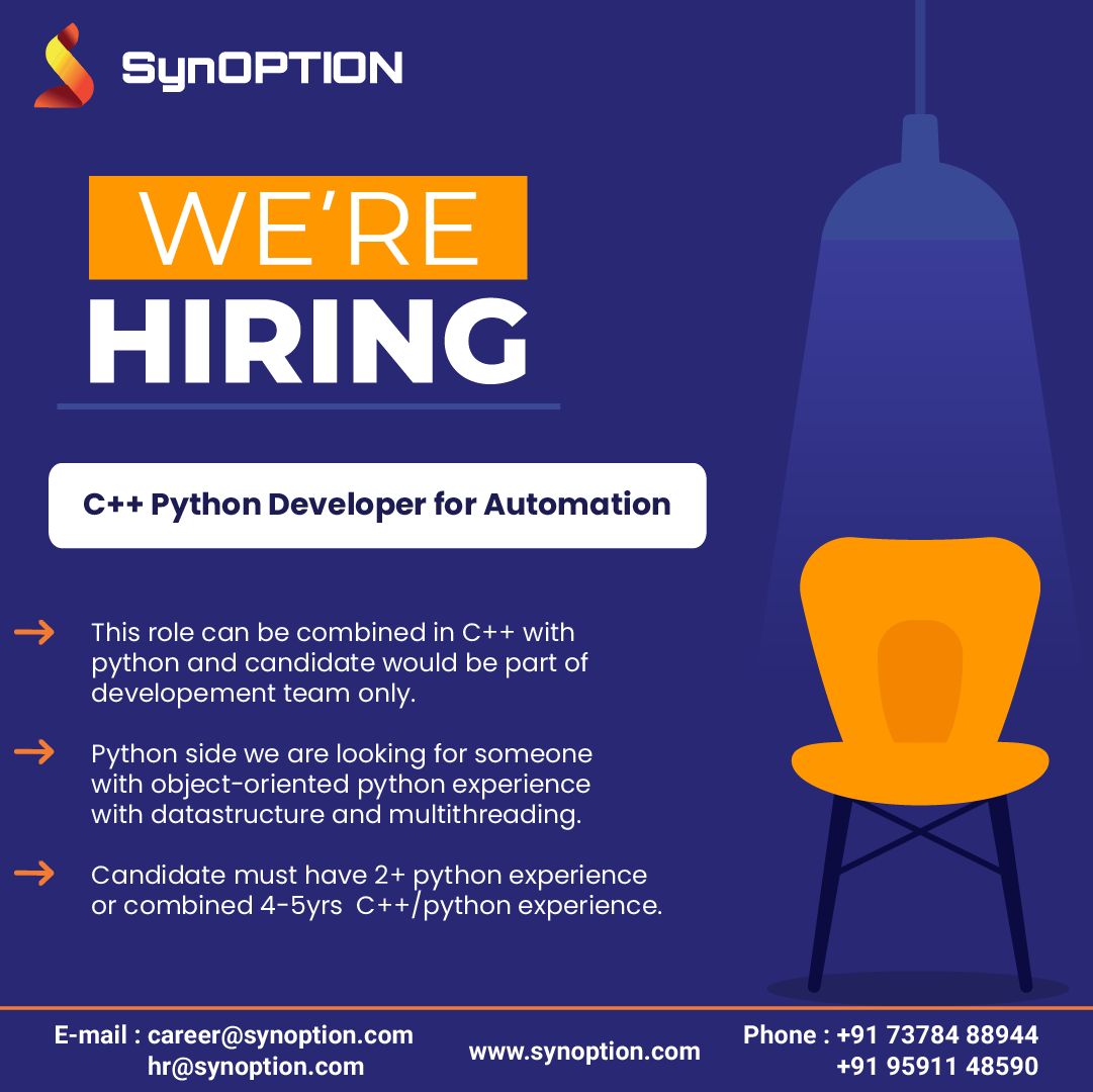SynoptionTech's tweet image. 📢📢📢HIRING!!!
If you are ready for an opportunity, don't miss to share your resume at hr@synoption.com
#phython #cryptooptions #hiring