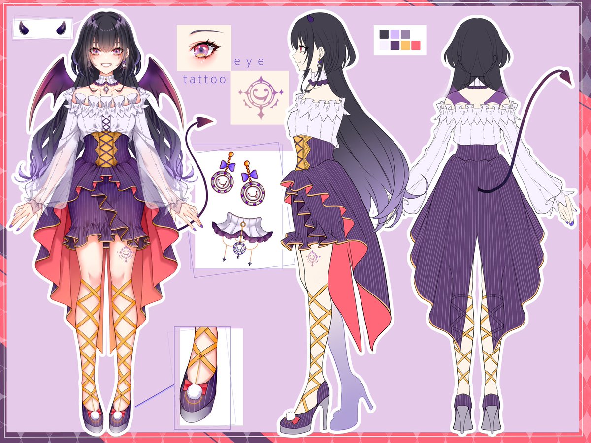 dorakeechan's tweet photo. 😈 #VTuberの三面図が見たい💜

見たい人いるかわかりませんが

絶賛準備中Vの
\ 初公開 /   三面図です⸜( ॑꒳ ॑  )⸝⋆✨

装飾品は全部こだわってます🫶🏻🎉
動くまでもう少し！是非今から応援宜しくお願いします😈💜

#Vtuber #Vtuber準備中 https://t.co/rGCCPB80z6