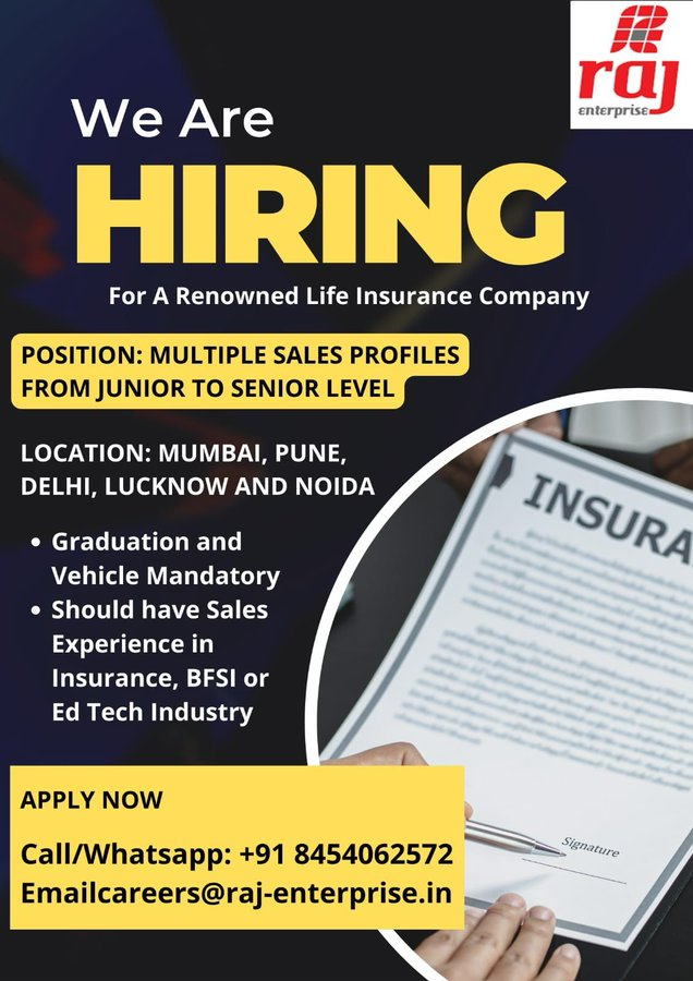 RafiaRokadia's tweet photo. Career opportunities for #LifeInsurance #sales profile with a renowned Financial services company!!

Contact - 9867987902 or email on hire@raj-enterprise.in for further details.
#sharetheword #wearehiring #applynow #job #salesjobs https://t.co/vRlkAANeXP
