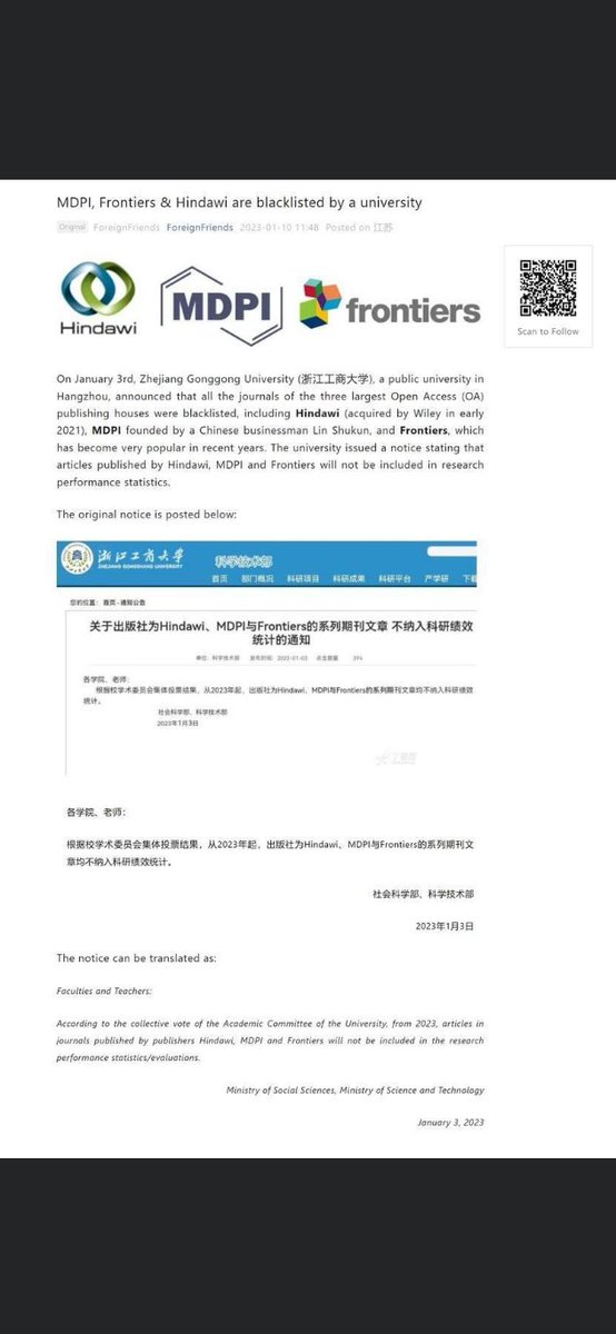 SajjadAsaf's tweet image. Zhejiang Gongshang University has #blacklisted all the journals of the three major OA publishers, #Frontiers, #MDPI, and #Hindawi!  

What do you think- is it a positive move for science ? @PhDVoice @ScienceCareers @AcademicChatter @PhDspeaks @thephdbreakdown @OmicsBiotech