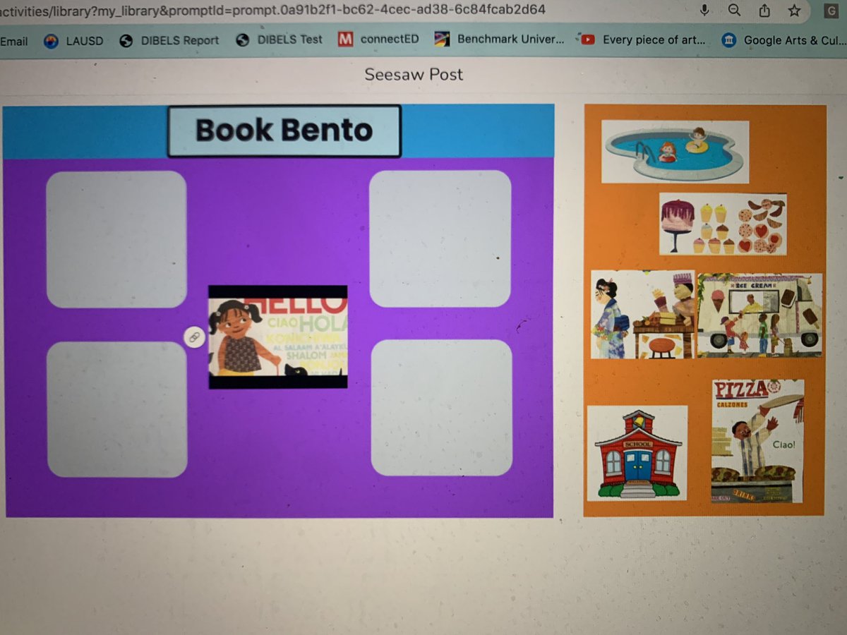YMeza44's tweet photo. #BookBento for TK/k Ss- 1st draft. What do you think? Ss will need to select details from read aloud & then record thmselvs telling about it. Some options are not correct. We will practice this way b4 I give more options😬. @Seesaw = best platform! #LifeInTk https://t.co/pXA6ops4kH