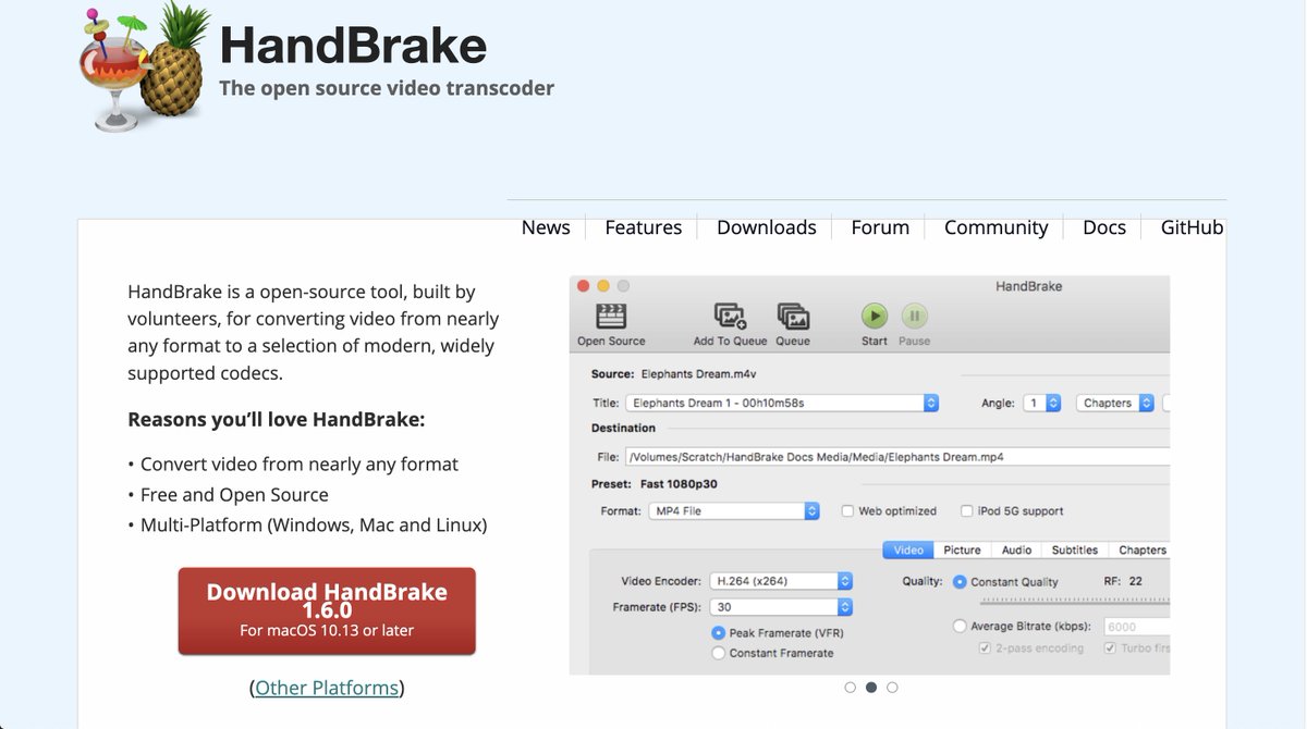 WarmRightEar's tweet image. HandBrake 是一个开源视频转换软件。handbrake.fr 其支持Mac OS ,Windows 和Linux。#software #opensouce