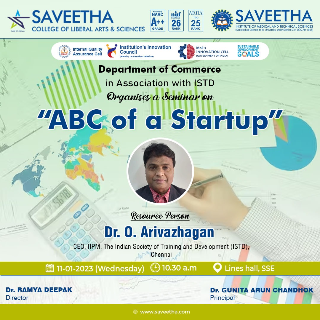 Seminar on 'ABC of a Startup' by SCLAS on 11.1.23 at 10.30 am
Resource Person : Dr O.Arivazhagan

#moeinnovationcell
#SIMATS