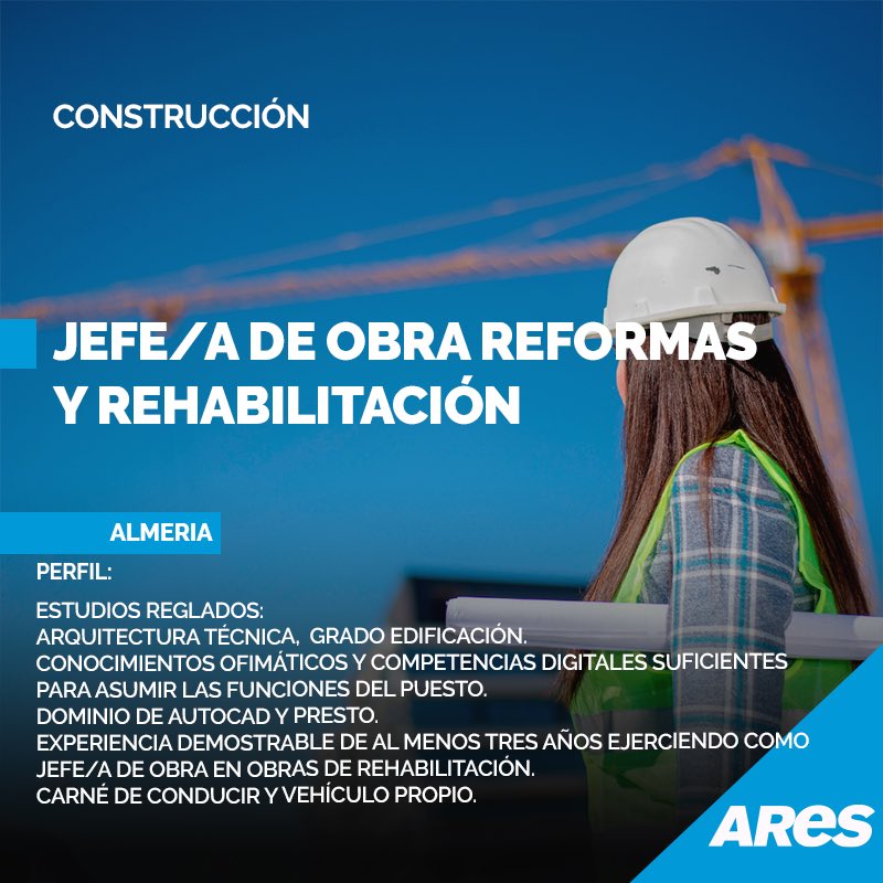 ConsultoriaARES's tweet photo. 📌OFERTA DE EMPLEO
📍Almería

🔹 Jefe/a de Obra Reformas y Rehabilitación

https://t.co/J4uSQ1yiuv

#aresconsultores #arquitectura #arquitecturatecnica #cv #empleo #infoempleo #infojobs #almeria #milanuncios #ofertaempleo #rrhh #trabajo #vacante #work https://t.co/GgbIdX700Q