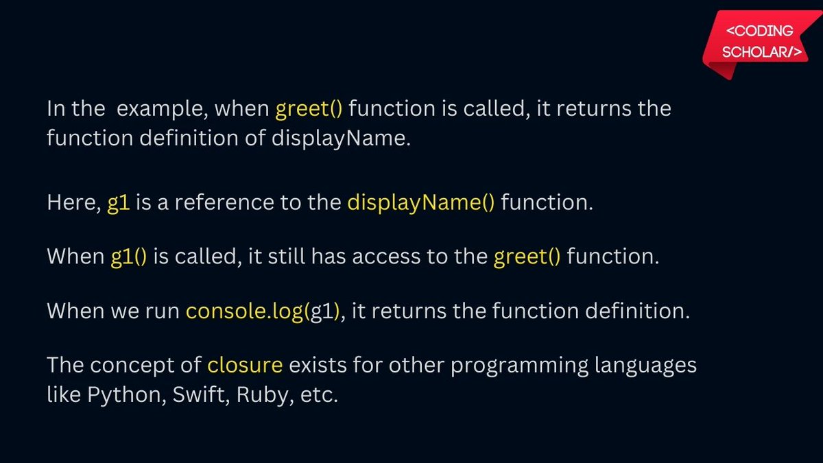 coding_scholar's tweet image. JavaScript Closures 🔥
Follow @coding_scholar for such more content 😊
#coding #programming #javascript #html #css #reactjs #nodejs #100daysofcode #frontenddeveloper #backenddeveloper #fullstackdeveloper #webdeveloper #softwaredeveloper #learnprogramming #code
