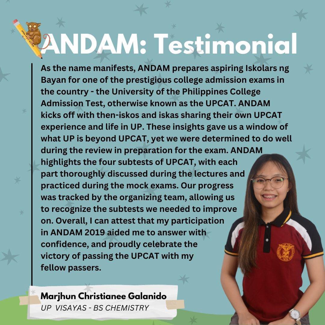 upkbdiliman's tweet photo. [ANDAM TESTIMONIALS]

Kadugo, naka-preregister na ba ka para sa ANDAM? 

You may pre-register through this form:

https://t.co/JSACK6B1zh

For any questions or concerns regarding the pre-registration process, you may message us through the page.  

#upkb
#andam2023
#UPCAT2023 https://t.co/HKcniCh8Xa