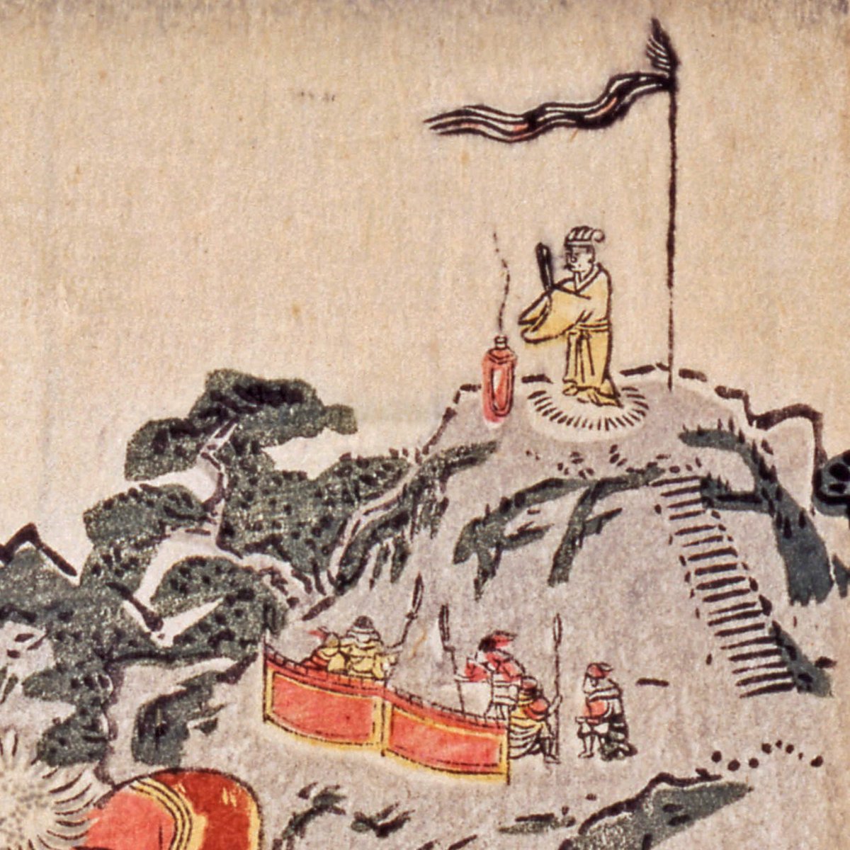 ukiyoeota's tweet photo. 騎乗の武人。①背景右奥には拝む人物、②左奥には船上で空を見上げる人物が。『三国志演義』赤壁の戦いをふまえたと思われ、①は東南の風を祈祷する孔明、②は決戦前夜に飛ぶ鳥を見て詩をよんだ曹操のようです。中央の武人は黄蓋でしょうか？太田記念美術館「浮世絵と中国」にて1/29まで展示中です。 https://t.co/rBBRgeRRo9