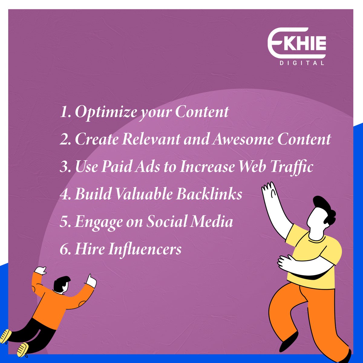 EkhieDigital's tweet photo. All businesses ask at some point, "How can I get more people to visit my website?" Here are some simple but effective suggestions. Comment below any advice you would like to implement on your website immediately.

For, more details:
Visit: https://t.co/LcxojybaiT

#EkhieDigital https://t.co/JLm0k24ZIu