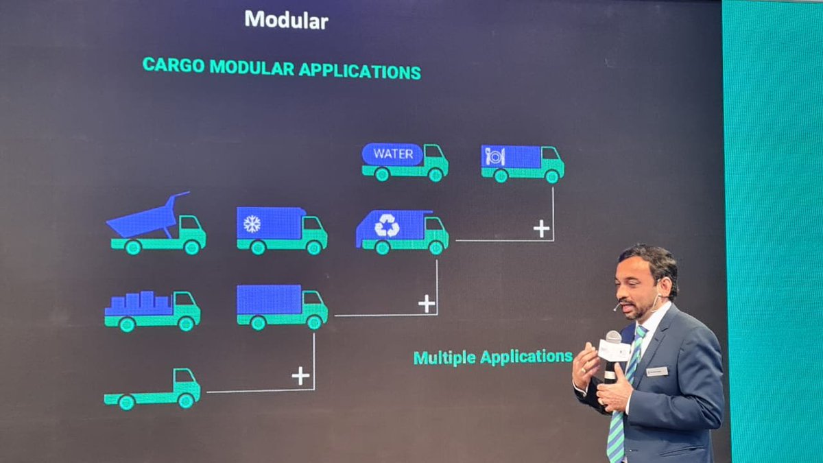 ExpressDrives's tweet photo. @Maheshsbabu speaking @AEMotorShow: @switchEVglobal to move to modular cargo applications with its EV fleet; targets reducing1 million tonnes of CO2 emissions.
#AutoExpo2023 #autoExpowithFE https://t.co/D2EyMydTo4