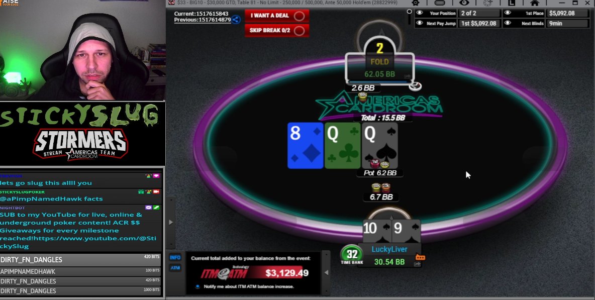 NFTsTracey's tweet photo. SLUGS heads up for RACKS.. Lets goo SLUG.. come watch im on @Twitch @ACR_POKER @ACRSTormers    https://t.co/4KTR6ZJAaX  @StickySlugPkr https://t.co/VxTNn90pg6