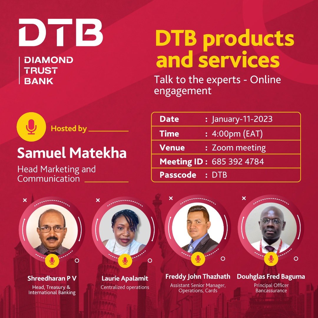 Talk to the @dtb_uganda experts today to discover more about DTB products and services at 4:00pm EAT. Hosted by @MatekhaSamuel Head of Marketing and Communication.

#Don’tMiss #OnlineEngagement #resolutions