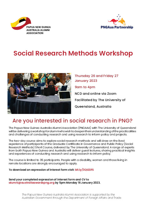 PngAusAlumni's tweet photo. #PNGAAA in p/ship w/ UQ will deliver a 2-day w/shop frm 26-27 Jan. for alumni who wish to deepen their u/standing of the practicalities &amp; challenges of conducting research &amp; using research to inform policy &amp; projects in #PNG.

Submit an EOI https://t.co/gVgqxqCkNW b4 5pm, 16 Jan. https://t.co/cpRb4oYFwQ