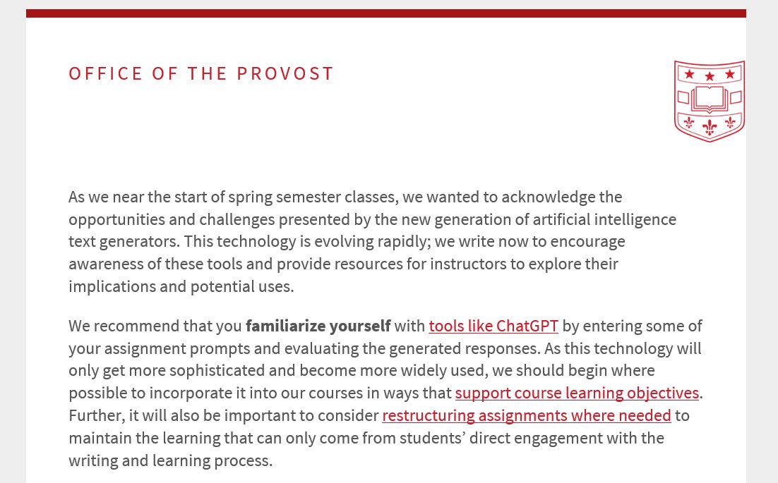 AiBreakfast's tweet photo. Washington University sends email to staff regarding ChatGPT:

“we should begin where possible to incorporate [ChatGPT] into our courses in ways that support course learning objectives.” https://t.co/R2mxCQFcYx