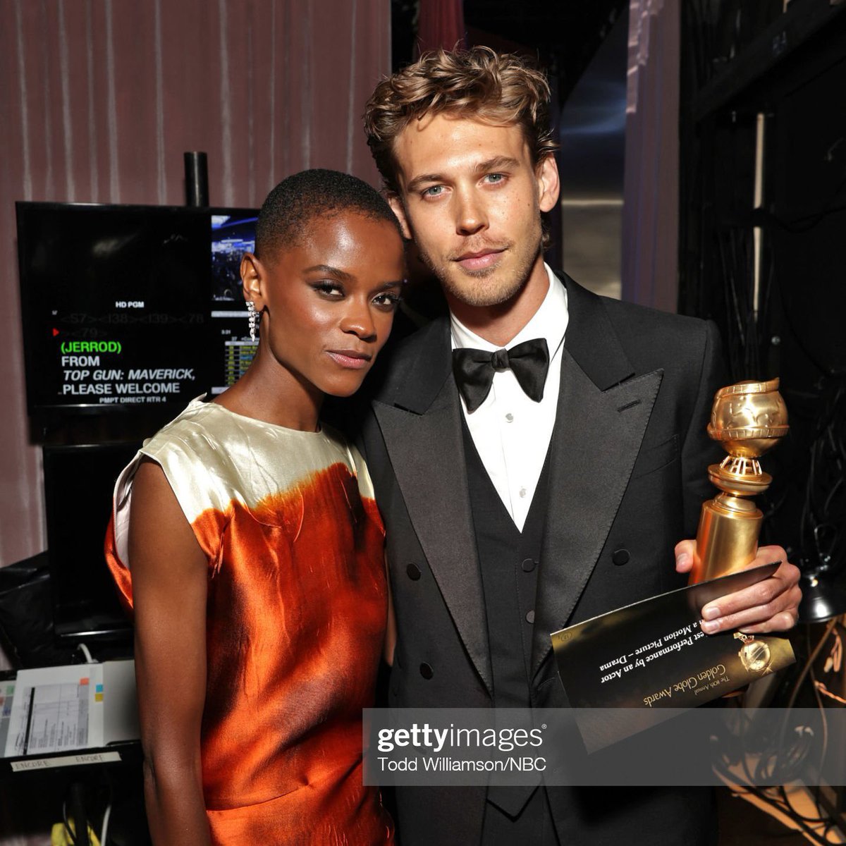 archivebutler's tweet photo. Letitia Wright and Austin Butler at the 80th #GoldenGlobes https://t.co/nOYGvHLJzt