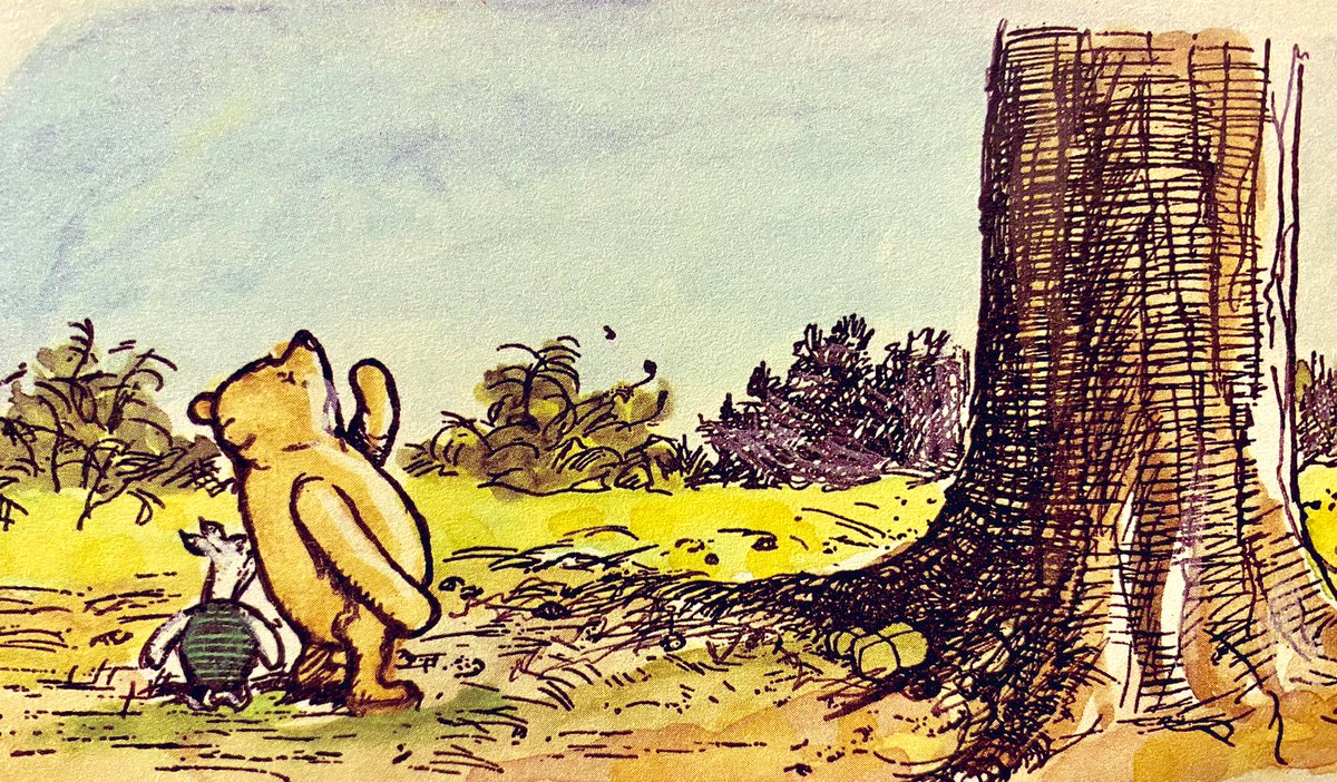 A_AMilne's tweet photo. “Look!” said Piglet. “There’s something in the Pine Tree.” He took Pooh’s arm, in case Pooh was frightened.
“Is it One of the Fiercer Animals?” he said, looking the other way.
Pooh nodded. “It’s a Jagular.” 
“What do Jagulars do?” asked Piglet, hoping they wouldn’t. ~A.A.Milne https://t.co/syAdhKE62A